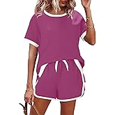 AKEWEI Shorts Sets Women 2 Piece Outfits Casual Short Sleeve Crewneck Tops and Drawstring Shorts Color Block Sets