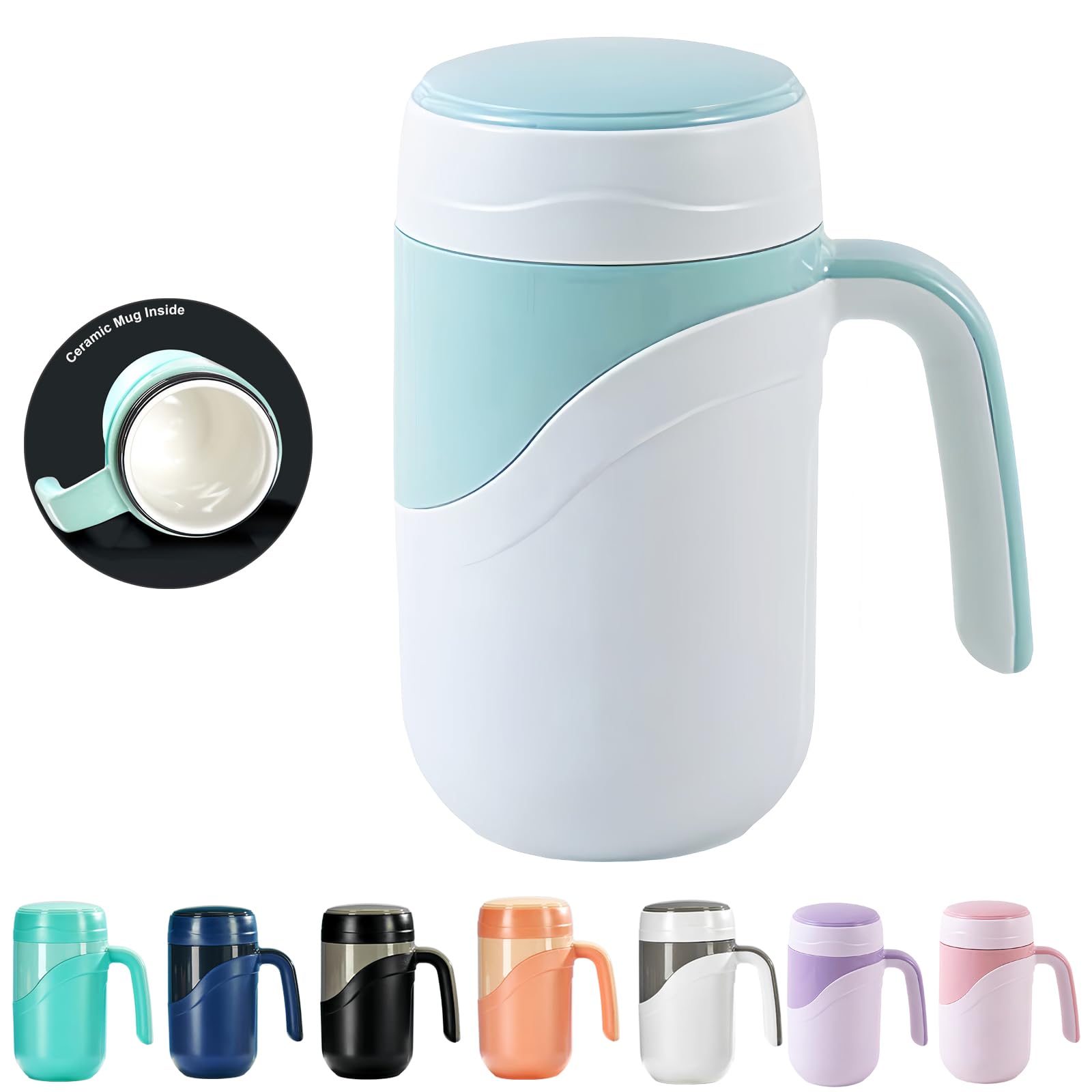 Klaraber Ceramic Travel Mug 12oz, 350ml Ceramic Liner Insulated Mug with Leak Proof Lid and Handle, Perfect for Coffee or Tea, Suitable for Using at Home, Office or School(White Green)