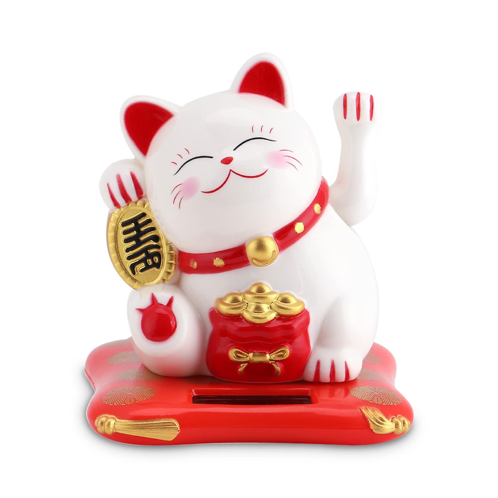 Cyrank Welcoming Cat,Fortune Lucky Wealth Welcoming Cat Solar Powered Cute Cat with Waving Arm Waving Moving Arm Chinese Oriental Fortune Maneki Neko Feng Shui Decoration Gift