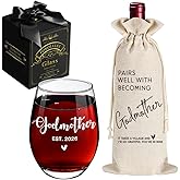 Pokolllee EST 2026 New Godmother Wine Glass Gifts 15oz, First Time Godmother Gifts, Pregnancy Announcement, Novelty Baptism Wine Glass with Bag Gift