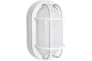 CORAMDEO Outdoor 8.5” Oval LED Nautical Bulkhead Light, Flush Mount for Wall or Ceiling, Wet Location, 75W of Light, 800 Lumens, 3K, White Cast Aluminum with Frosted Glass Lens