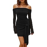 HOCILLE Women's Sexy Off Shoulder Bodycon Mini Dress Mesh Long Sleeve Wrap Tie Waist Ruched Party Dresses, Large, Black