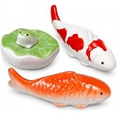 Garneck 3pcs Ceramic Floating Fish Decor: Koi Fish Aquarium Ornaments Porcelain Garden Pond Figurines Leaf Pad Goldfish Water Fountain Birdbath Bowl Tank Accent for Indoor Outdoor