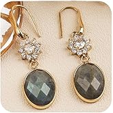 Oval Labradorite Dangle Earrings for Women Trendy - Natural Stone Earrings, Sparkling Cubic Zirconia Flower Design, Handmade Dainty and Minimalist Drop Earring for Women Gifts