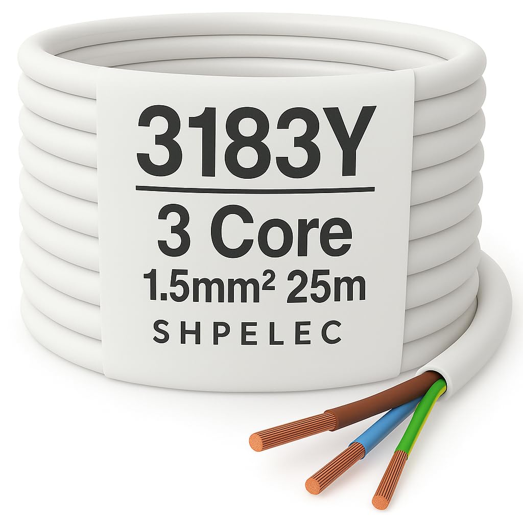 SHPELEC® FLEXIBLE White Cable 3183Y 0.75mm, 1.0mm, 1.5mm, 2.5mm BASEC Approved White PVC LED Lighting 5m 10m 15m 20m 50m (1.5mm 3 Core - 25metres) — image 1