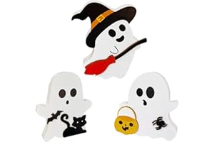 POSCHNOR 3 Pcs Cute Ghost Halloween Decorations for Indoors, Spooky Decorations, Wooden Tiered Tray Decor Table Sign, Black Cat, Bat, Witch Broom Signs, Pumpkin Blocks for Party Home Shelf Display