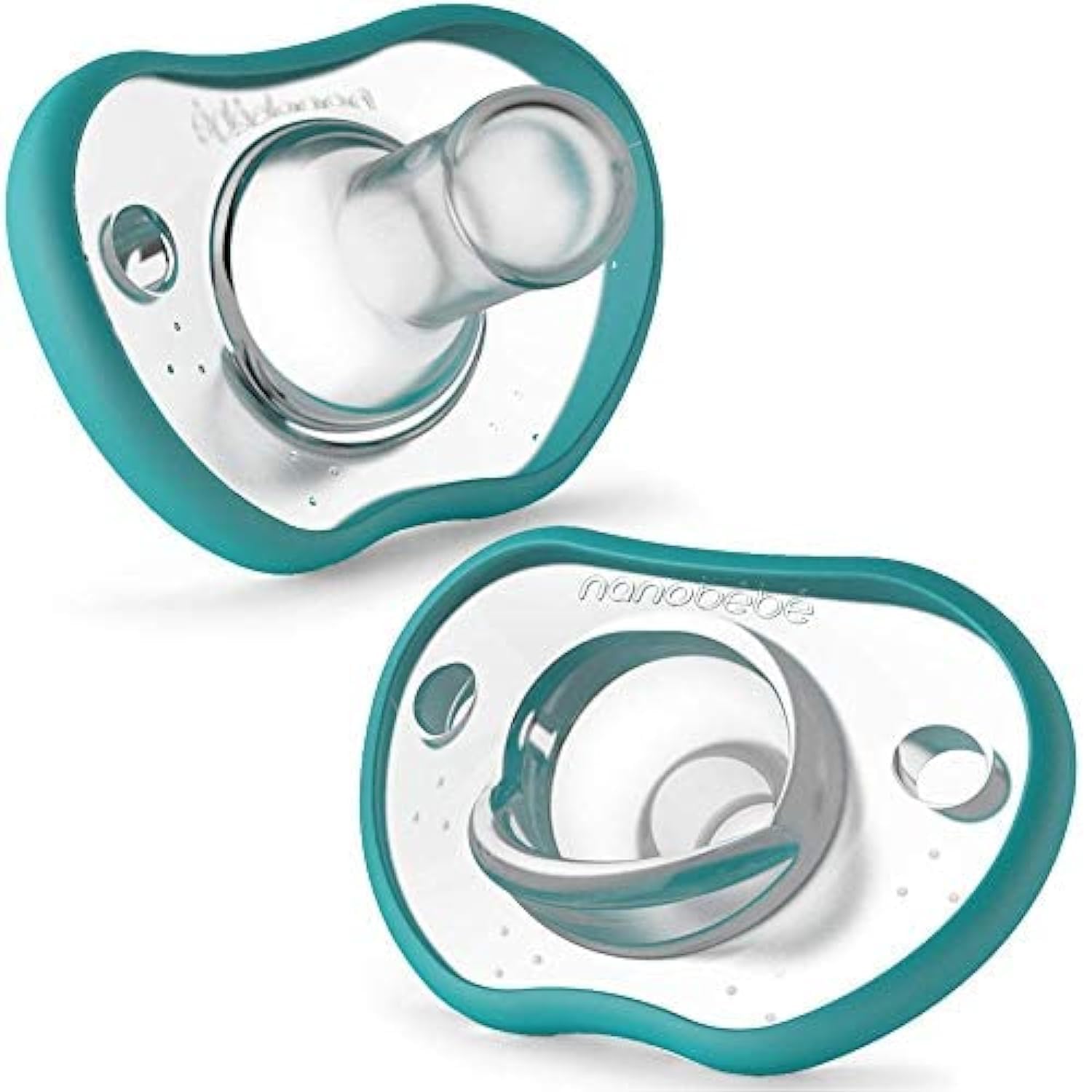 Nanobebe Baby Soothers 0-3 Month - Orthodontic, Curves Comfortably with Face Contour, Award Winning for Breastfeeding Babies, 100% Silicone - BPA Free. Perfect Baby Gift 2pk,Teal