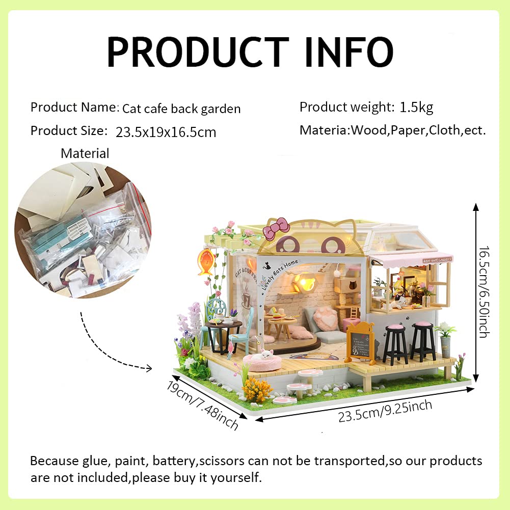 WonDerfulC Cat Cafe Wooden Miniature Dollhouse Kit DIY Pet Cat Coffee Shop Building Model Accessories with Furniture LED Light Music Box Birthday (no Dust Cover)