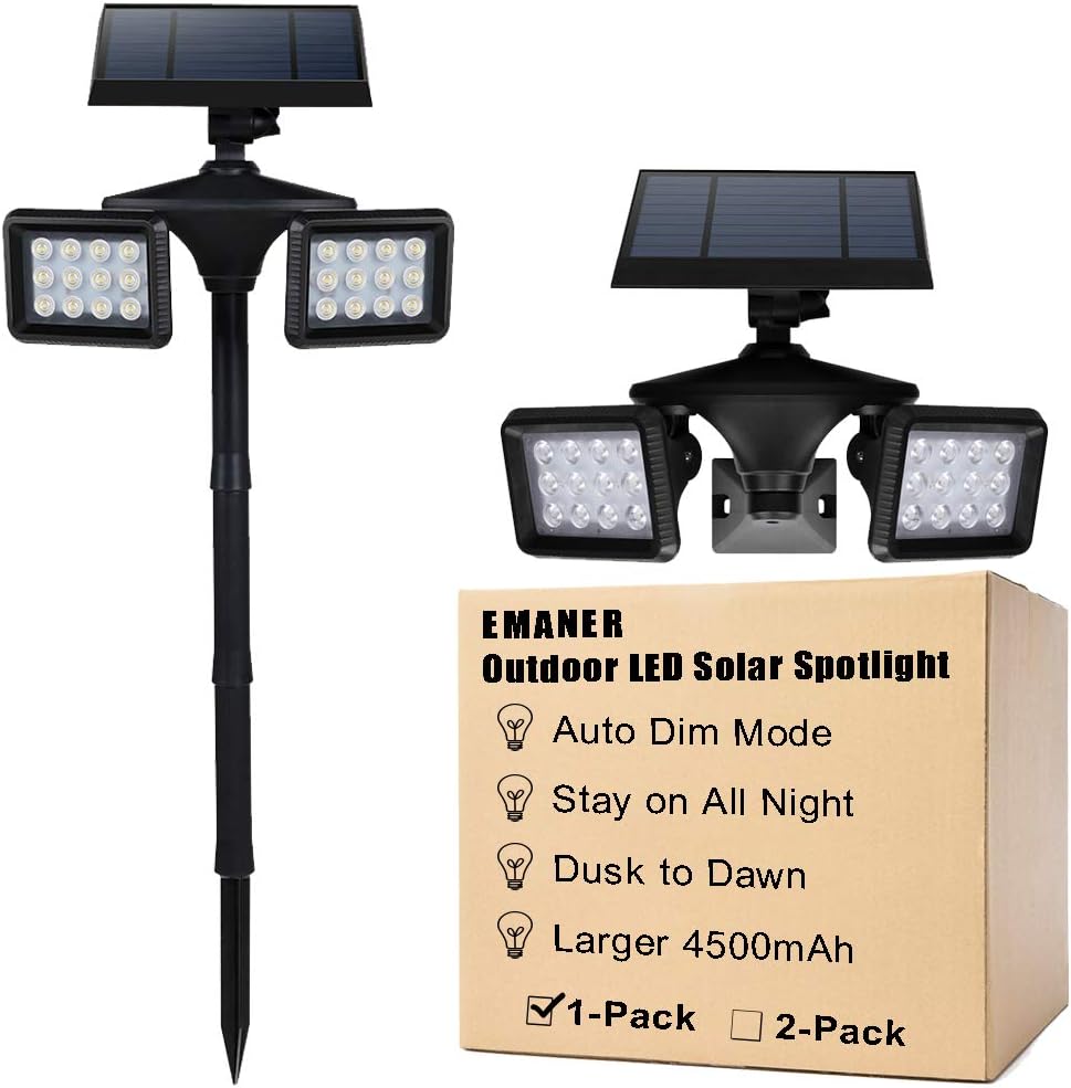 Dusk to Dawn Solar Flood & Security Lights with Motion Sensor, 100W Equivalent Outdoor Wireless Landscape LED Spotlights 6500K, Solar Powered 4500mAh, Wall Mount or Stand in Ground, 1-Pack, EMANER