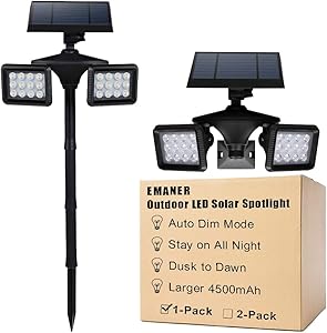 Dusk to Dawn Solar Flood & Security Lights with Motion Sensor, 100W Equivalent Outdoor Wireless Landscape LED Spotlights 6500K, Solar Powered 4500mAh, Wall Mount or Stand in Ground, 1-Pack, EMANER