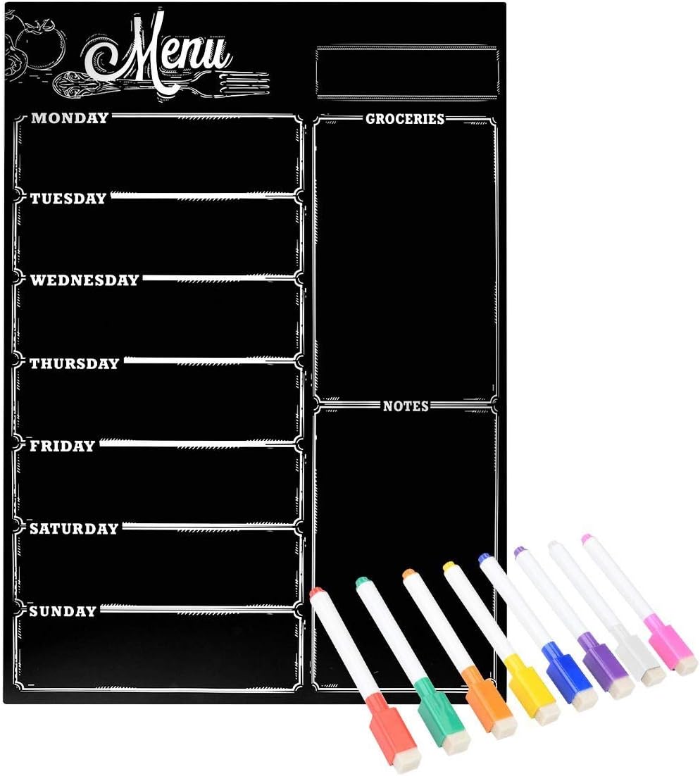 Menu Board,Loftstyle Menu Chalkboard Magnetic Dry Erase Board for Fridge, Weekly Fridge Menu Board Weekly to Do List Shopping List with 8 Color Magnetic Markers 16inchx12inch