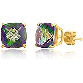 925 Sterling Silver Cushion Cut Gemstone Stud Earrings for Women | 8MM Hypoallergenic Birthstone Stud Earrings | Anti Tarnish Silver Earring Studs by MAX + STONE