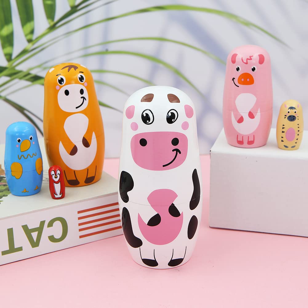 Winterworm Set of 6 Farm Animal Nesting Dolls Cow Cattle Pig Chick Horse Bird Wooden Russian Doll Wooden Matryoshka Dolls for Easter Christmas Birthday Kids Stacking Toy Gift Home Decoration
