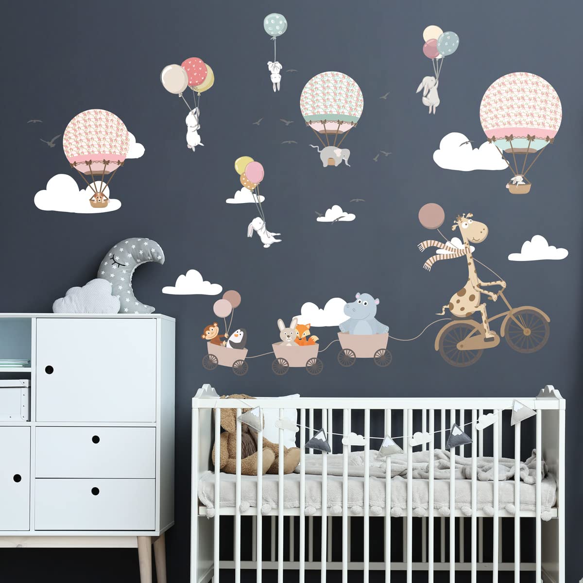 Children's Wall Stickers - Baby Room Decoration - Children's Bedroom Wall Sticker - Animals and Hot Air Balloons - H90 x L60 cm