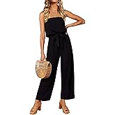 ZESICA Women's Casual Off Shoulder Solid Color Strapless Belted Wide Leg Jumpsuit Romper