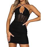 Sexyshine Women's Halter Sleeveless Bodycon Mesh Dress Sexy Backless Cross Ruched Corset Party Club Mini Dresses