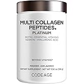 Codeage Multi Collagen for Women & Men Biotin 10000mcg Keratin, Protein Powder Vitamin C B6 D3, Hyaluronic Acid, Niacin - Hydrolyzed Collagen Coffee Creamer 5 Types - Unflavored - Non-GMO - 11.5oz