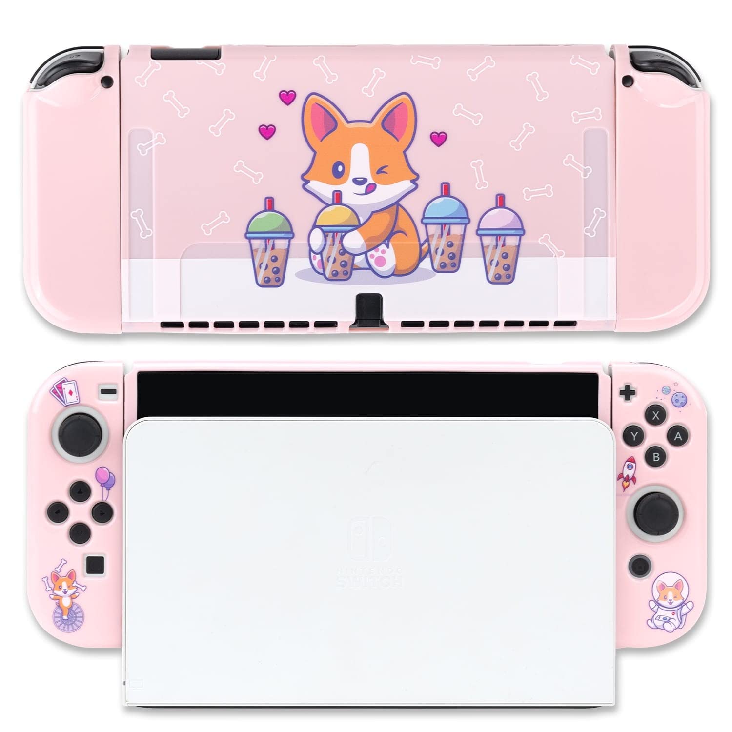 BelugaDesign Dog Boba Case | Cute Kawaii Cutecore Pink Pastel Bubble Tea Corgi Animal Cover | Adorable Anime Aesthetic Snap on Shell | Compatible with Nintendo Switch OLED