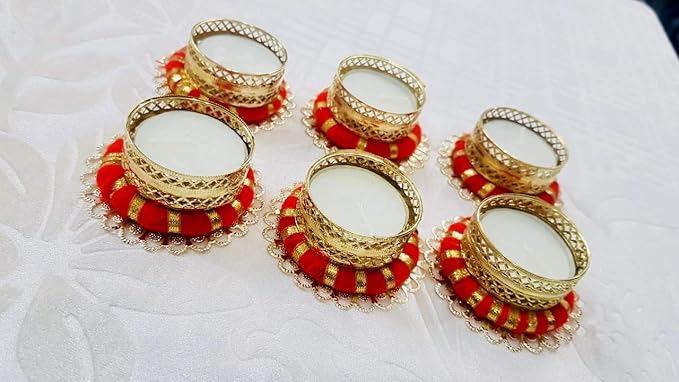 Diwali Diya/Candle Holder/Rajasthani Metal and Gota Diwali Diya Holder/T Light Candle Holder/Decorative Diya/Home Decoration/Red Colour/Diwali Gift/Set of 6/Navratri/Diwali/Puja