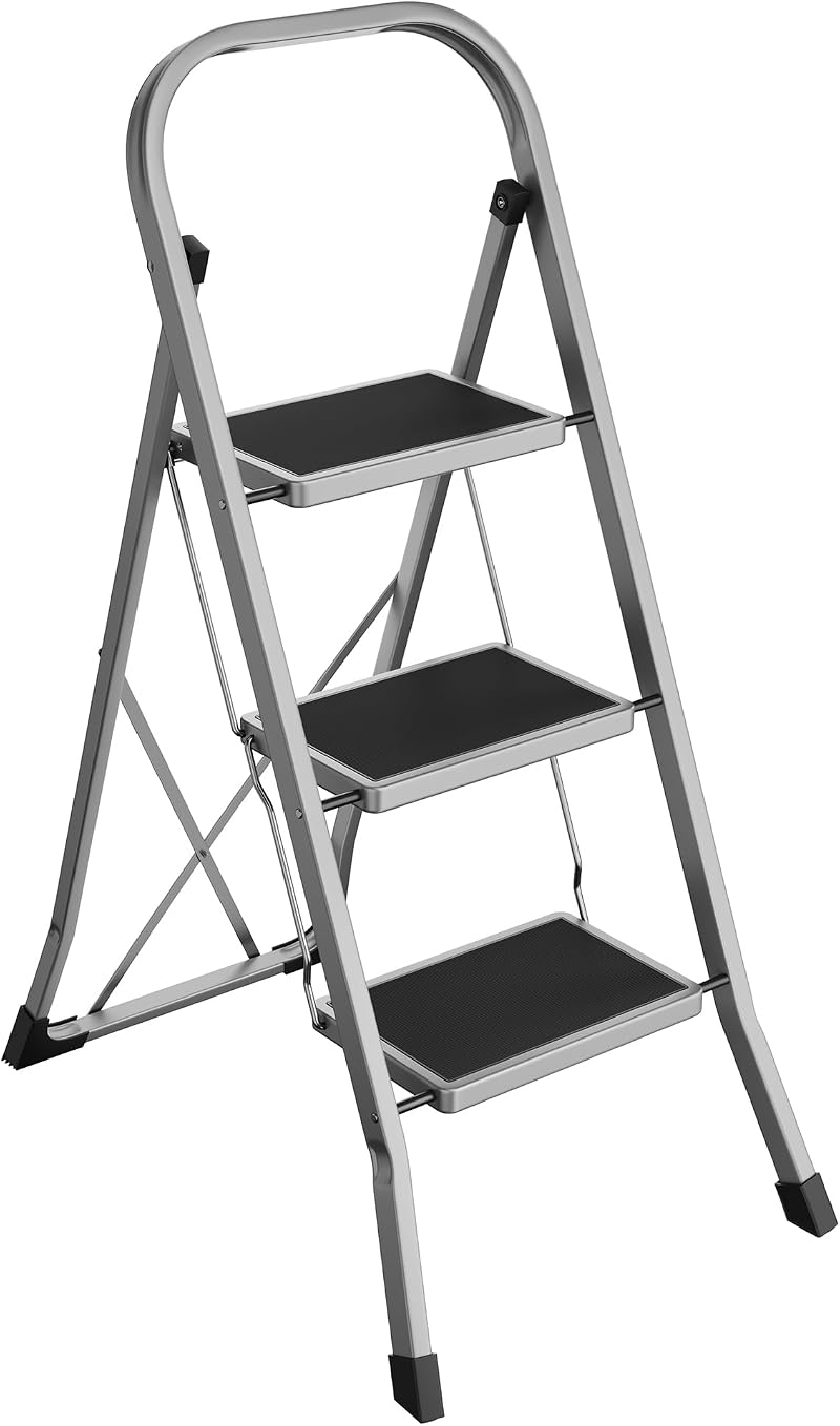 SONGMICS 3-Step Folding Ladder Dove Grey Safety Lock 150 kg