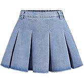 SweatyRocks Girl's Raw Hem High Waist Denim Skirt A Line Pleated Mini Jean Skirts
