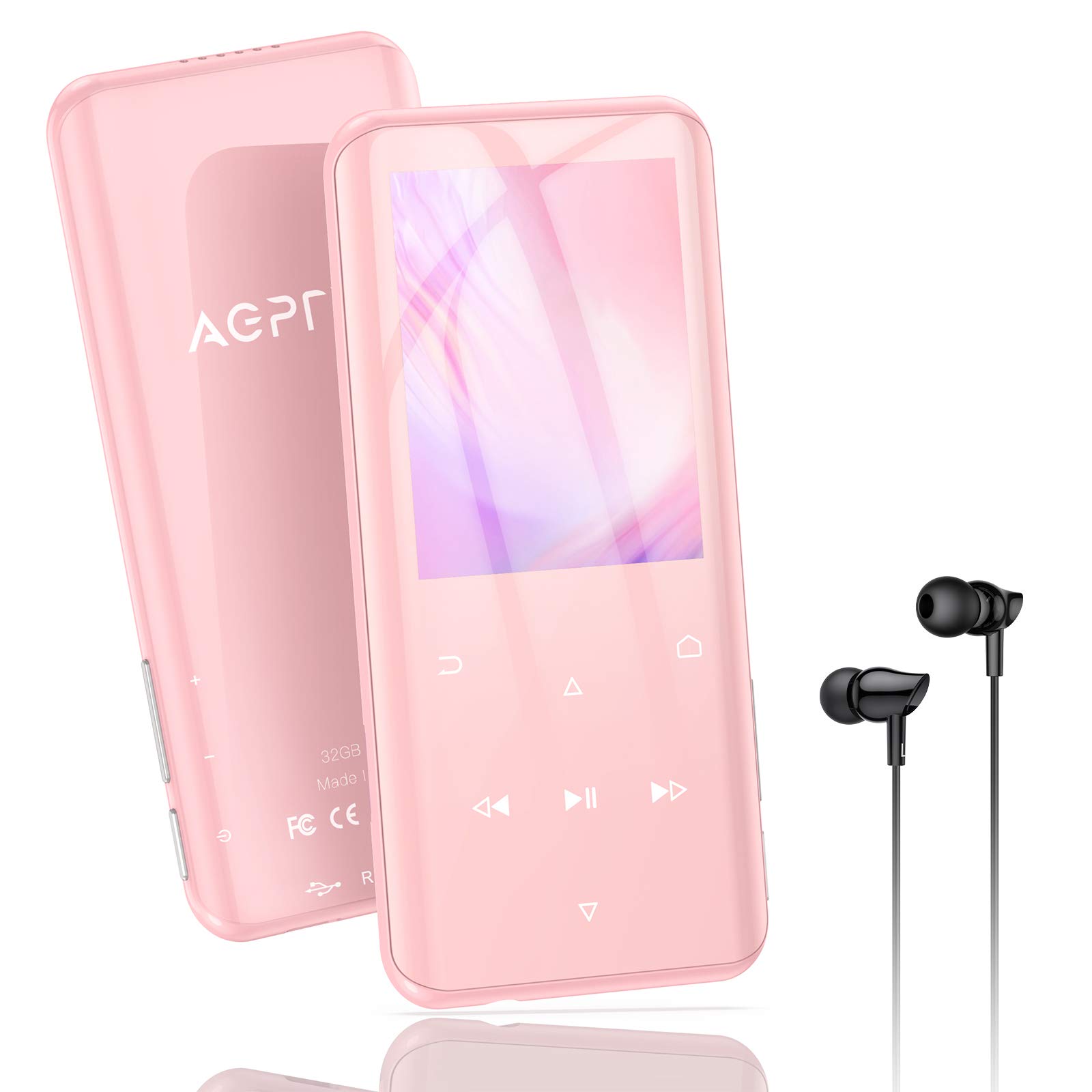 AGPTEK 128GB MP3 Player with Bluetooth, K3 2.4 inch Music Player with Speaker and FM Radio, One-Click Recording, Supports Up to 256GB(Pink)