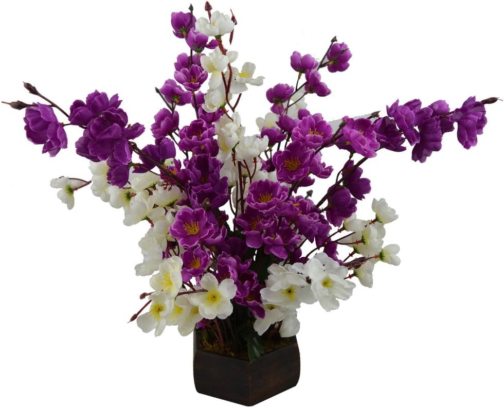 Fancy Mart Artificial Cherry Blossom Flower Plant with Wood Pot (45 cm, Multi-Color)