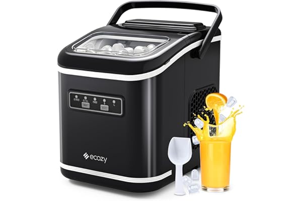 ecozy Countertop Ice Maker, Portable Ice Maker with Self-Cleaning, 9 Bullet Ice Cubes in 6 Mins, 26lbs/24Hrs, Ice Maker Machine with Ice Bags, Handle, Standing Scoop and Basket, Black