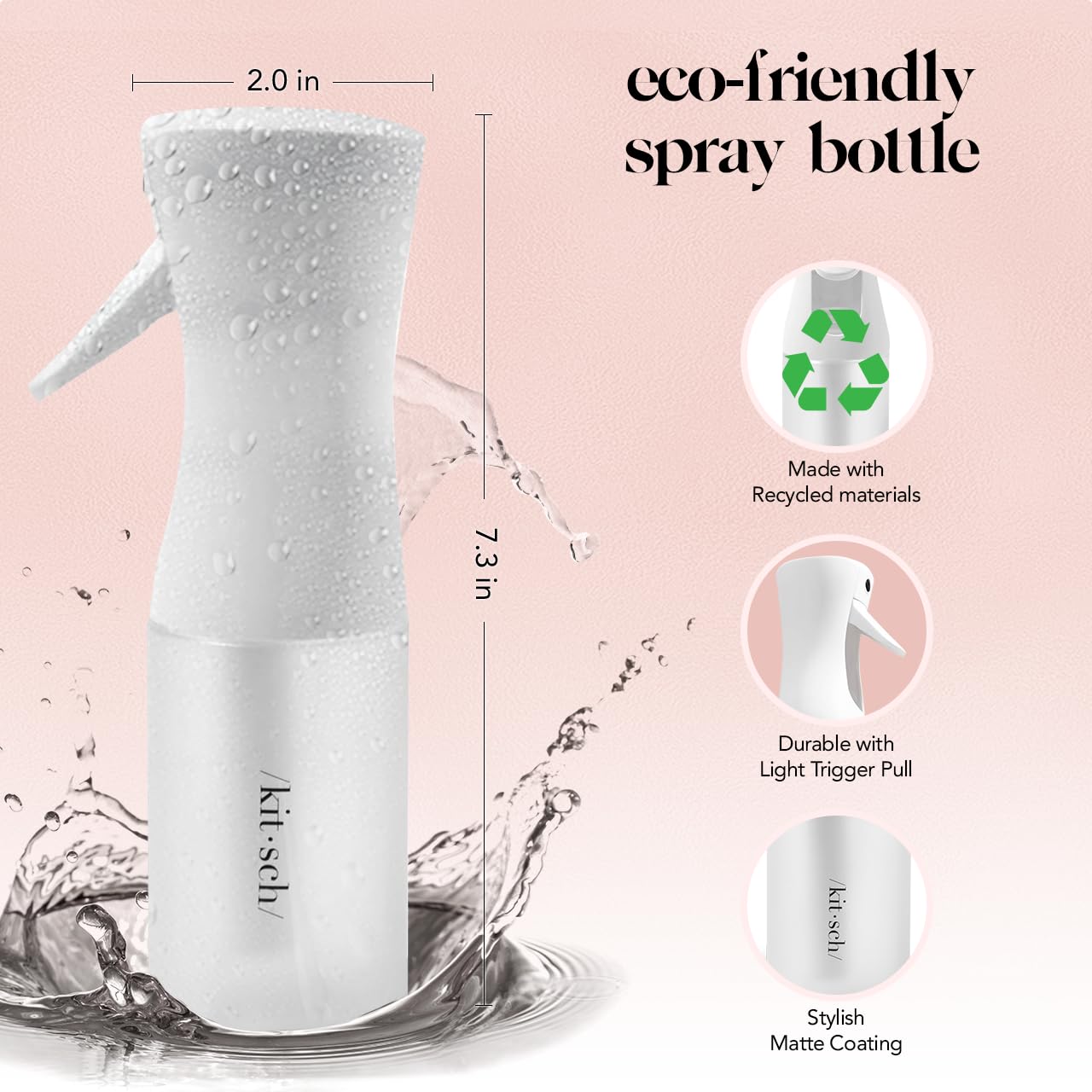 Kitsch Continuous Spray Bottle for Hair – Fine Mist Water Mister & Water Spray Bottle – Recycled Hair Spray Bottle – Spray Bottles for Cleaning, Styling, Plants & More – White, 150ml