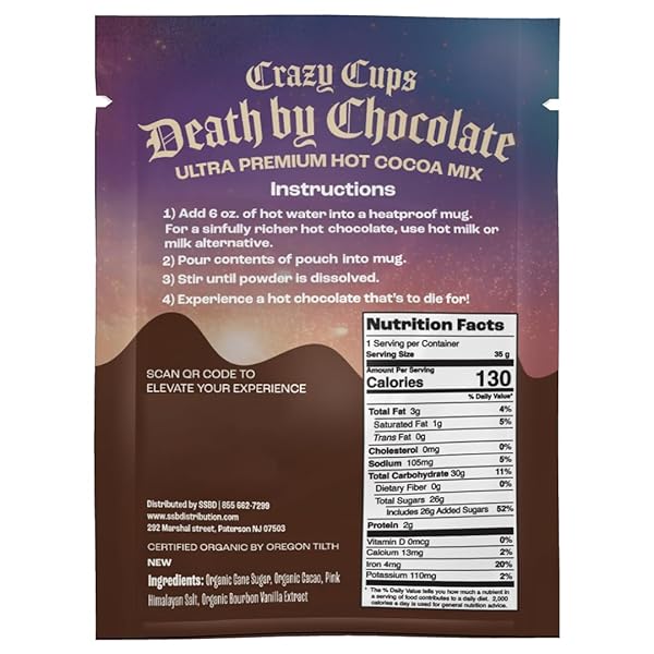 CRAZY CUPS ULTRA PREMIUM HOT CHOCOLATE MIX, DAIRY FREE, ORGANIC VEGAN HOT CHOCOLATE PACKETS, NON GMO RICH HOT COCOA MIX 8 PACKETS