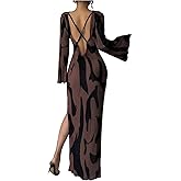 Floerns Women's Bell Sleeve Open Back Long Dress Graphic Print High Split Party Maxi Dresses
