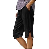 RRMuAzgs Womens Bermuda Shorts Knee Length Dressy Causal Elastic Waist Buttons Linen Shorts with Pockets Summer Beach Outfits