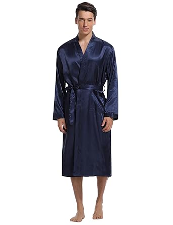 Aibrou Herren Morgenmantel Bademantel Lang Satin Nachtwäsche Kimono Sleepwear V Ausschnitt mit Gürtel