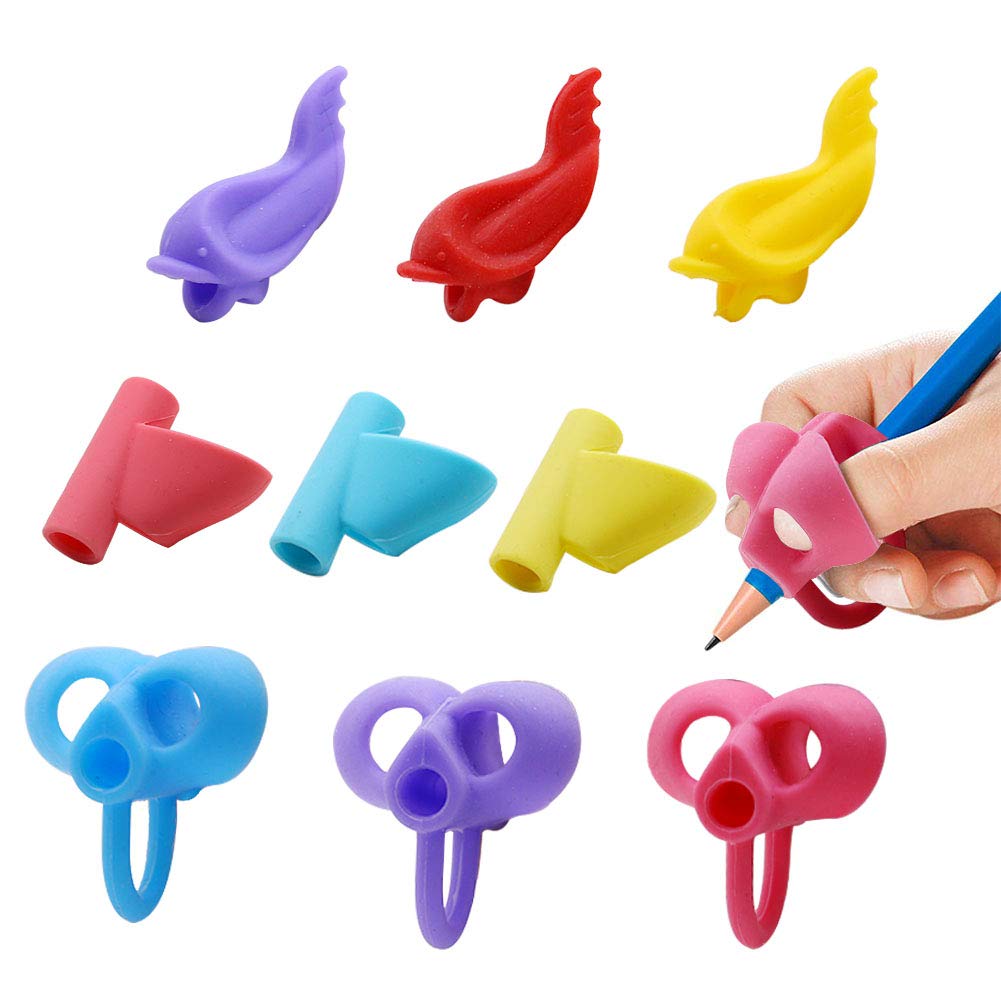 Pencil Grips,9pcs Kids Pencil Holder Writing Training Silicone Pencil Aid Grip Set Fish Dolphin Grip Butterfly Grip 3 Fingers Pencil Grip