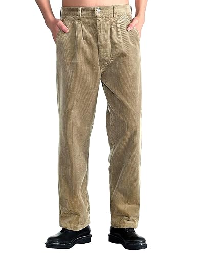 IDEALSANXUN Corduroy Pants Men Casual Pleated Relaxed Fit Khaki