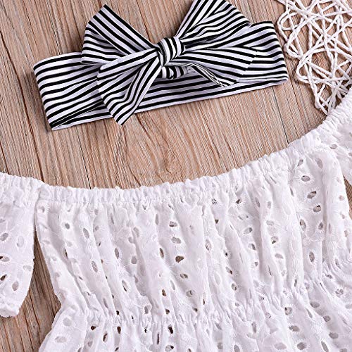 NUWFOR Infant Baby Girls Off Shoulder Solid Lace Tops+Striped Shorts+Headband Outfits (White,18-24 Months)