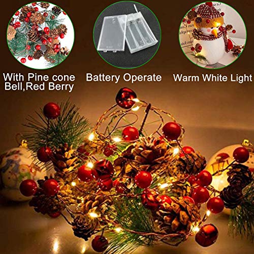 Christmas Pinecone Lights 7 FT 20 LED Battery Operated Red Berry with