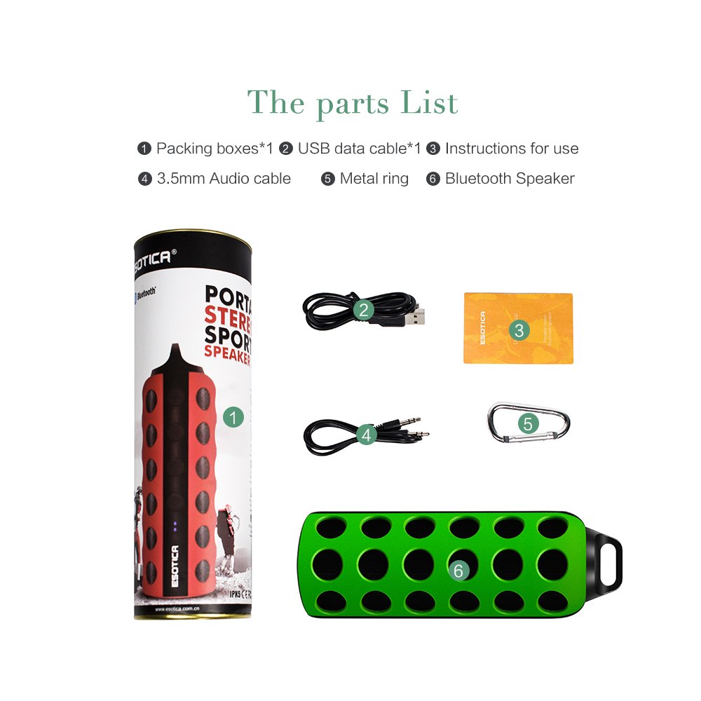 Outdoor Bluetooth Speaker,Horsky Ultra Portable Stereo Sport Wireless Speaker Life Waterproof Bass Superior Sound Built-in Mic Long Playtime Output 3Wx2 with Carabiner Green/Black