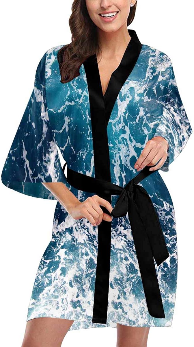 Custom Blue Ocean Wave Women Kimono Robes Beach Cover Up