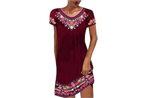 MZKDIEEY Mexican Peasant Ethnic Dress for Women Summer Boho Floral Embroidered Flowy Tunic Dresses Loose Hippie T Shirt Dress
