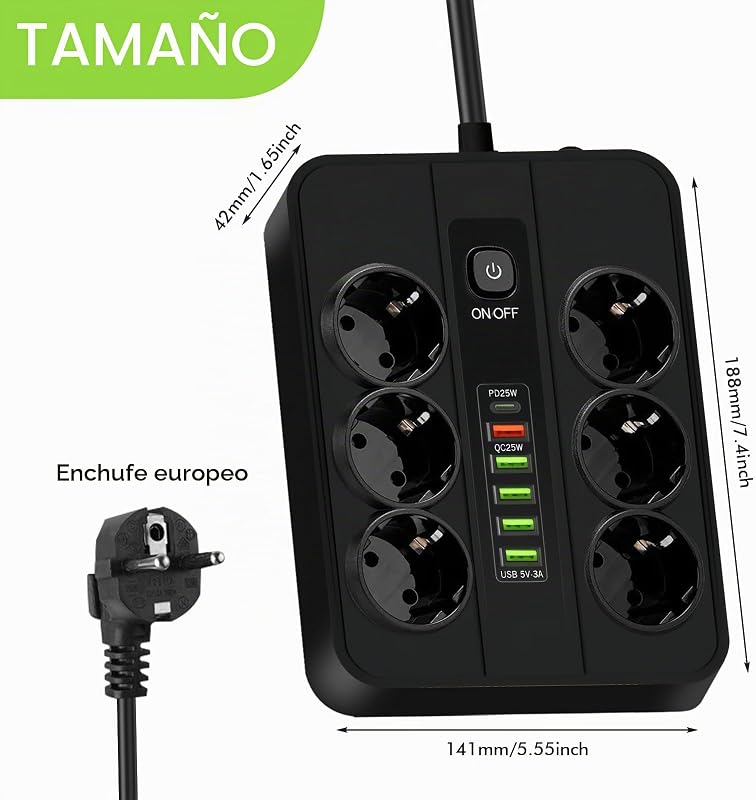 Fita USB-C Preta: Régua de alimentação USB ABS de cobre de 2m com 5 USB A e 1 porta de carregamento rápido Tipo C, Múltiplas Tomadas para Casa, Escritório e Sala de Estar, Preto — foto 2 de 7