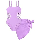 Arssm Girls One Piece Swimsuits Cut Out Bathing Suit with Cover Up Skirt Swimwear 8-14Y