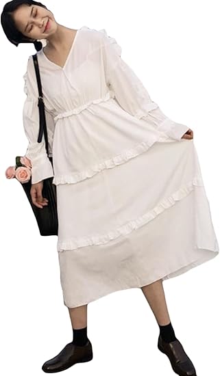 Amazon Alppv レディース ワンピース 春 長袖 ドレス ロリータワンピース 原宿風 森ガール Vネック シャツワンピース Aライン 可愛い 白 セクシー ホワイト ワンピース チュニック 通販