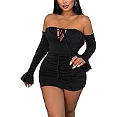 Women's Off Shoulder Bodycon Dress - Elegant Ruched Cocktail Party Mini Dress Long Sleeve Tight Formal Clubwear for Night Out