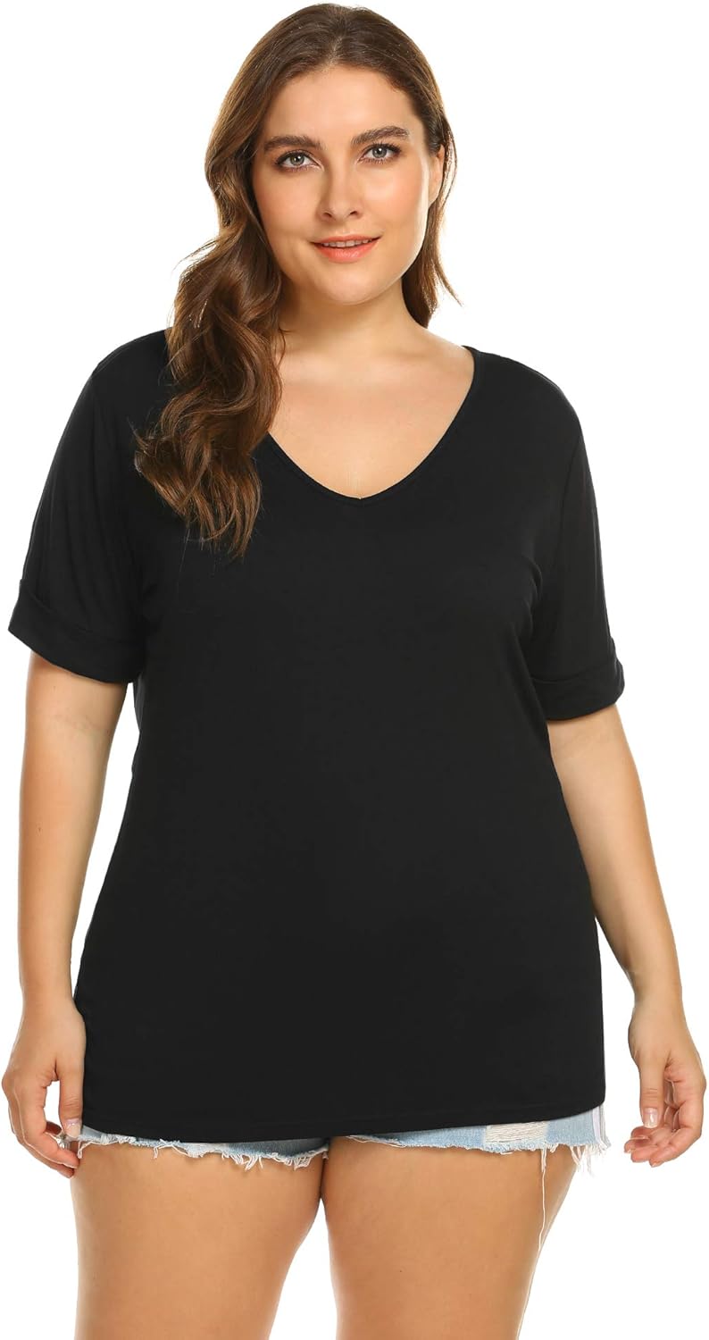 Allegrace Plus Size Tops Long Sleeve Women Casual Loose Top Asymmetric Hem V Neck T Shirts