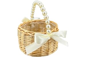 BETAULIFE Wicker Rattan Flower Girl Basket with Bows,Pearl Handle Flower Basket,Wedding Flower Girl Basket and Home Decorations. (1)