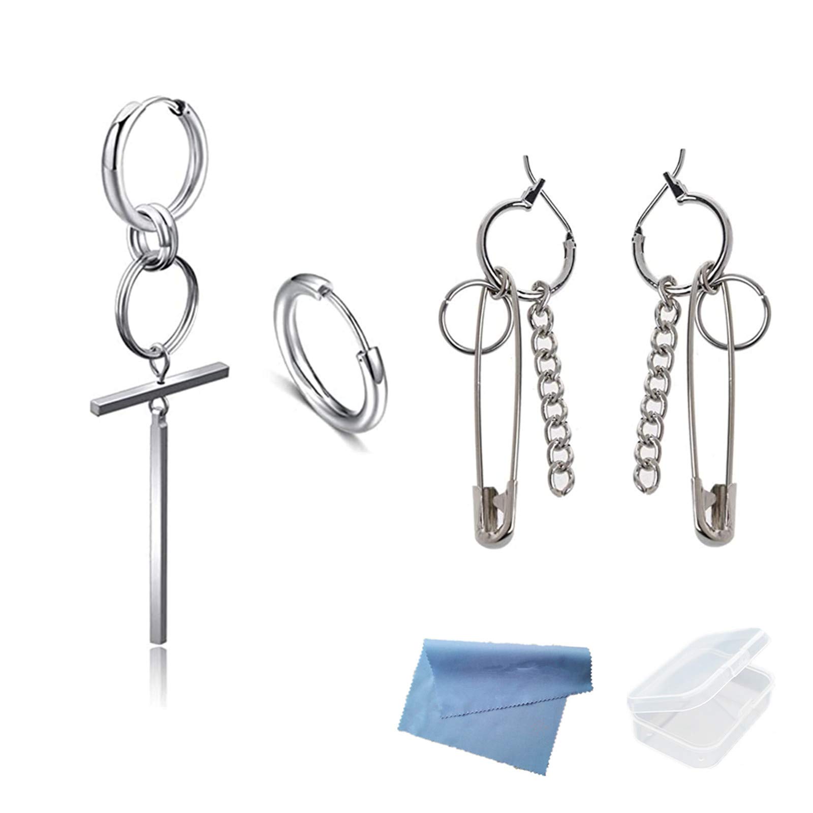 XHBTS 4 Pcs Chain Safety Pin Earrings Bangtan Boys Stud Doulbe Ring Silver Stainless Steel Cross Ear Stud Chain Hoop Earrings for Women Men Punk Jewelry with Mini Cloth and Mini Box