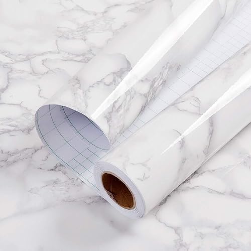 practicalWs Glossy Marble Contact Paper Granite White/Grey Kitchen Countertop Cabinets Furniture Refurbishment Wall Paper Thick Removable Wallpaper Peel and Stick Wall Decor Vinyl Wrap 11.8"x78.7"