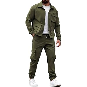 Vividcrate Trend Men's Cargo Jacket Track suit 2 Pieces Set Long Sleeve Button Up Outfits