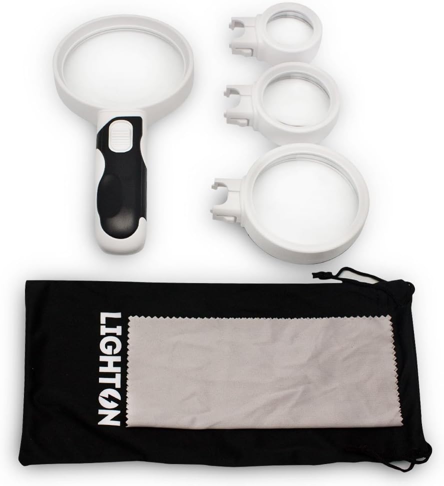 LED Magnifying Glass with Light by LightOn With 4 Interchangeable Lenses 2.5x 5x 10x & 16x Magnification Power Perfect for Maps Detailed Repair Senior Reading Jewelry Flowers & Insects Coins and More!